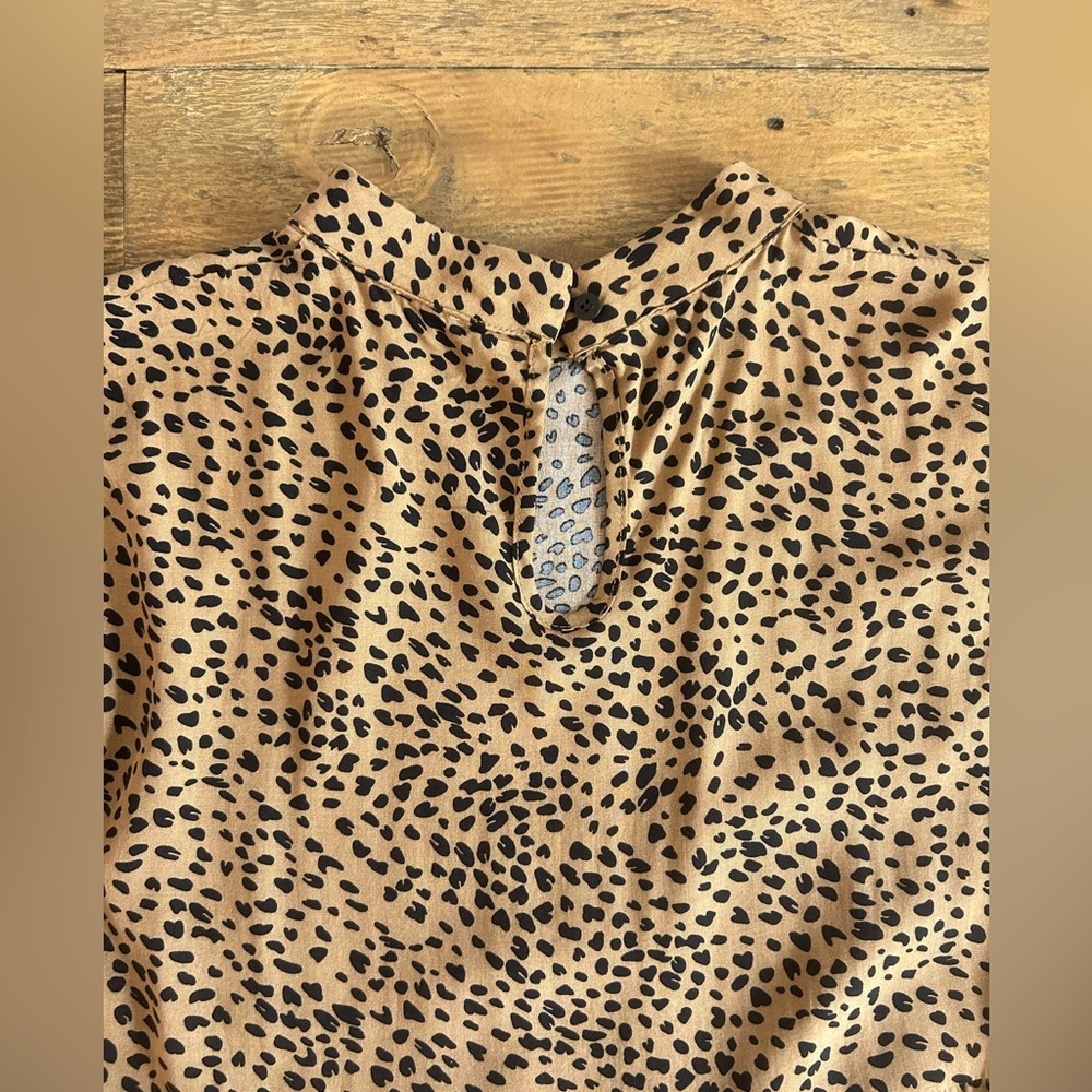 TAN & BLACK Leopard Print Tiered Babydoll Ruffle Cap Sleeves Boho Peplum Blouse - Picture 10 of 14